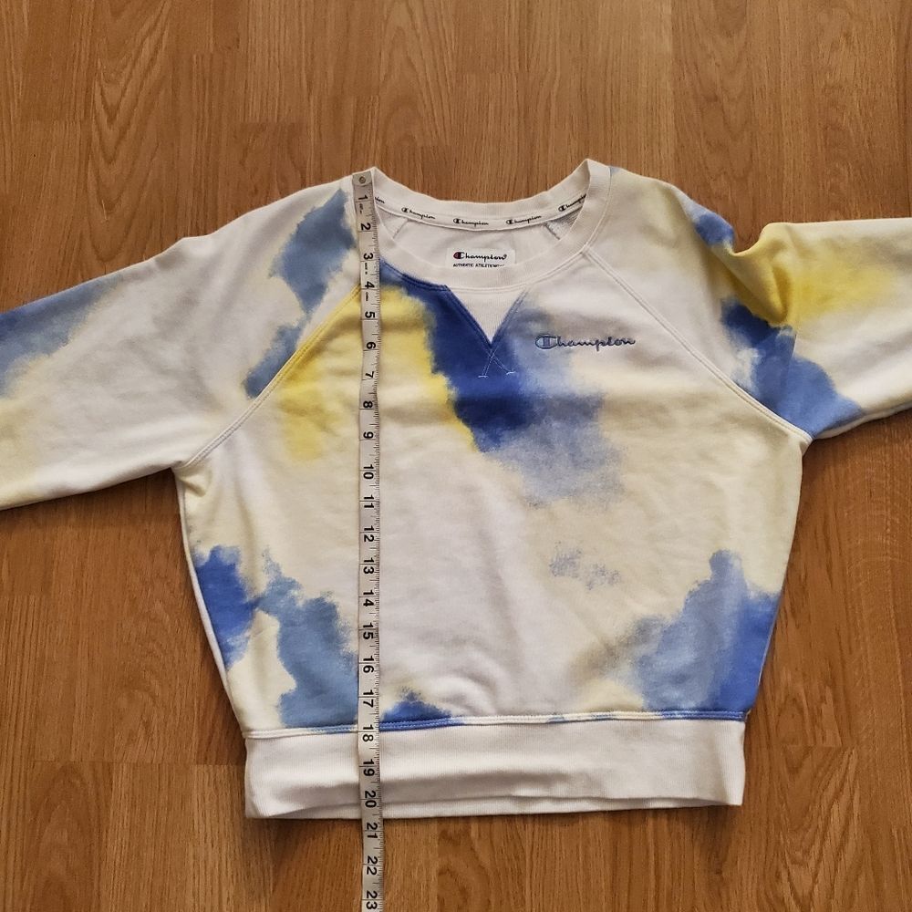😎 CHAMPION 😎 Tie Dye French Terry Cropped Sweatshirt - [Small, Yellow/Blue] - Picture 8 of 10